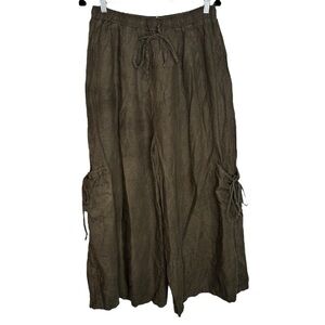 Match Point Linen Lagenlook Cottagecore Wide Leg Cargo Army Green Pant Small